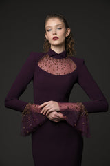 ophelia rhinestone Embroidered burgundy crêpe dress with bell sleeves