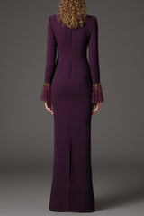 ophelia rhinestone Embroidered burgundy crêpe dress with bell sleeves
