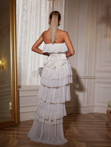 STRAPLESS RUCHED MESH MAXI DRESS IN WHITE