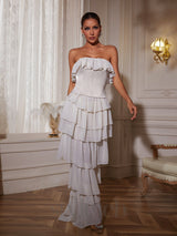 STRAPLESS RUCHED MESH MAXI DRESS IN WHITE