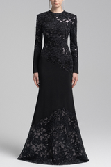 jacqueline black lace Embroidered long sleeve Maxi Dress
