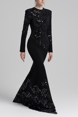 jacqueline black lace Embroidered long sleeve Maxi Dress