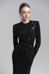 jacqueline black lace Embroidered long sleeve Maxi Dress