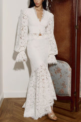 emily Lace Trimmed Puff Sleeved Top & Fishtail Skirt Set in white
