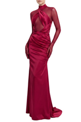 Lorere Mesh Satin Long Sleeve Maxi Dress