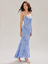 Light Blue 3D Floral Mesh Spaghetti Strap Mermaid Maxi Dress