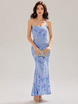 Light Blue 3D Floral Mesh Spaghetti Strap Mermaid Maxi Dress