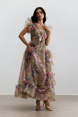 Butterfly Print Ruffle Chiffon Maxi Dress
