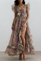 Butterfly Print Ruffle Chiffon Maxi Dress