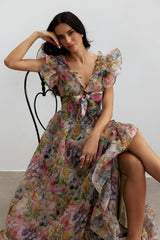 Butterfly Print Ruffle Chiffon Maxi Dress