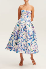 Strapless midi dress with bird and flower print, Garden of Eden