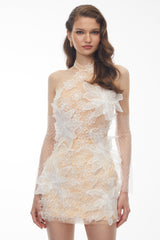 shirley Champagne Halterneck Mini Dress with 3D Petals