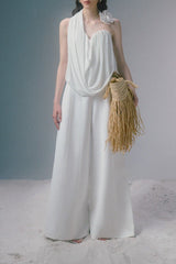 Meeri White Halter Drape Top & Wide-Leg Pants Set