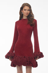tabitha Long Sleeve Midi Dress with Ruffled Trim - burgundy