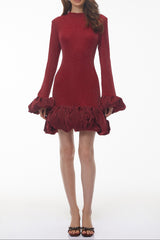 tabitha Long Sleeve Midi Dress with Ruffled Trim - burgundy