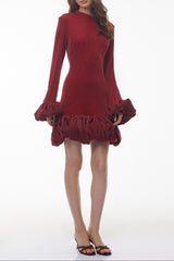 tabitha Long Sleeve Midi Dress with Ruffled Trim - burgundy
