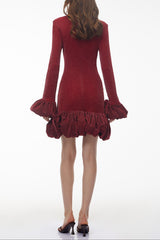 tabitha Long Sleeve Midi Dress with Ruffled Trim - burgundy