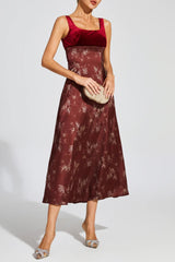 lucy Retro square neck print suspender midi dress - Burgundy