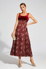 lucy Retro square neck print suspender midi dress - Burgundy