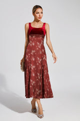 lucy Retro square neck print suspender midi dress - Burgundy