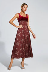 lucy Retro square neck print suspender midi dress - Burgundy