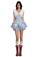 Nalaya Bow Stripe Puffy Mini Dress - Blue