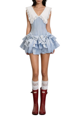 Nalaya Bow Stripe Puffy Mini Dress - Blue