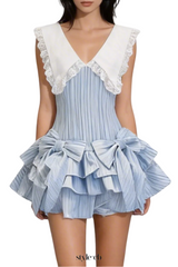 Nalaya Bow Stripe Puffy Mini Dress - Blue