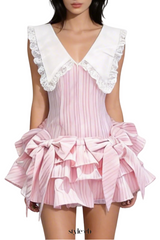 Nalaya Bow Stripe Puffy Mini Dress - Pink