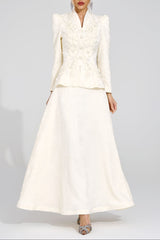 sabrina floral Embroidered coat maxi skirt set - apricot
