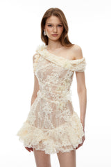 Niobe White Flared Lace Mini Dress with 3D Florals