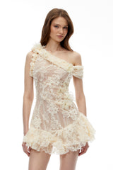 Niobe White Flared Lace Mini Dress with 3D Florals