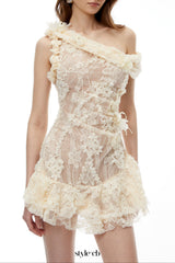 Niobe White Flared Lace Mini Dress with 3D Florals