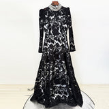 black mesh diamond embroidered maxi dress