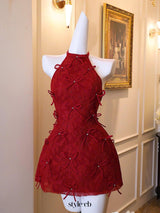 pandora lace bow backless halter mini dress in red