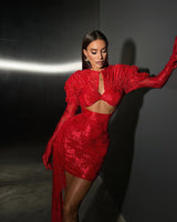 Dariel Floral Jacquard Cutout Draped Mini Dress - Red