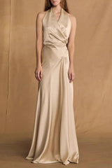 kay Champagne crepe bias-cut satin halter maxi dress