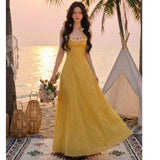 lace halter-neck 3d flower maxi dress - Yellow