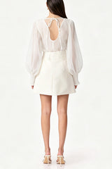 Floral appliqué sheer organza blouse & mini skirt set - white