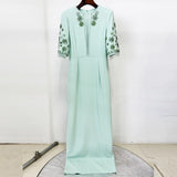 mesh splicing bead diamond mid-sleeve mint green long dress