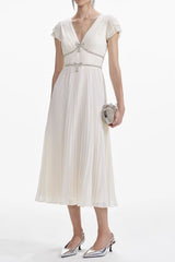karen v-neck bow pleated chiffon midi dress - white