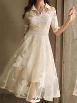 Lace Embroidered Shirt Collar Midi Dress - apricot