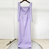 purple square neck long sleeve nail bead diamond maxi dress