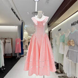 xylia bowknot neck plaid sleeveless midi dress - pink