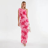 novia one-shoulder 3d flower embroidery bodycon maxi dress - pink