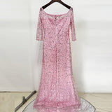 pink one-line neck nail bead sequin mesh long dress