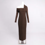 maud One-shoulder pleated high-slit maxi dress - brown