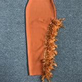 OSTRICH FEATHER BANDAGE DRESS WITH V-NECKLINE IN BROWN
