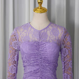 penny lace hollow ruched bodycon long sleeve maxi dress in purple