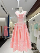 xylia bowknot neck plaid sleeveless midi dress - pink